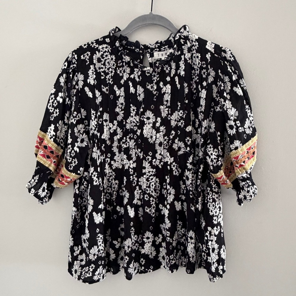 THML Floral Ruffle Neck Blouse Black White Embroidered Sleeve Top M Boho Cottage